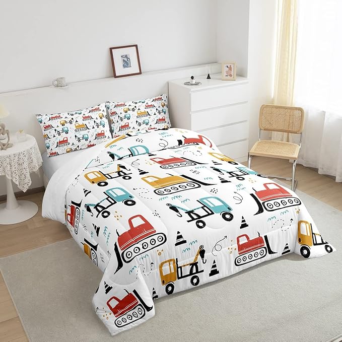 Boys Cartoon Car Comforter Set, Kids Construction Vehicles Comforter for Kids Children Cartoon Truck Bedding Set Cute Cars Teal Red Yellow Quilt Set Bedroom Collection 3Pcs Full Size