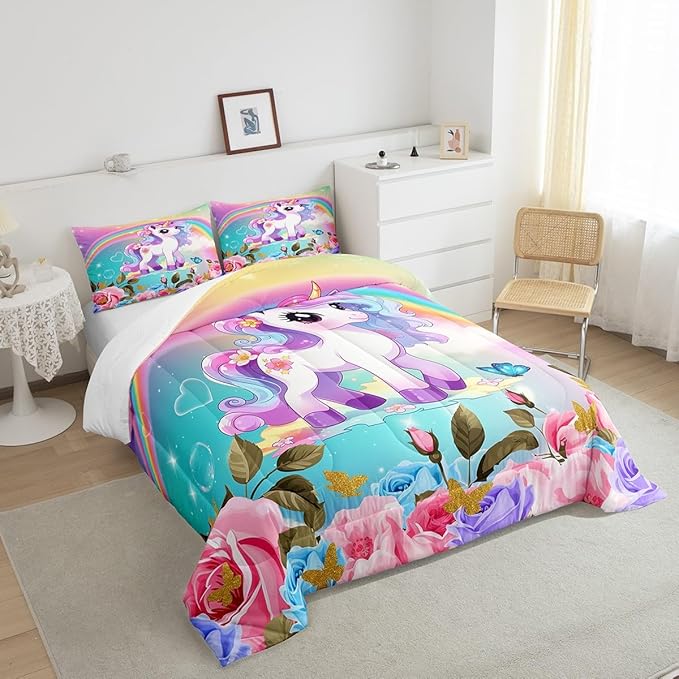 Cartoon Unicorn Kids Comforter Set Twin Size,Roses Flowers Butterfly Princess Bedding Set,Girls Women Room Decor,Rainbow Unicorn Cute Down Comforter,Pink Blue Romantic Duvet Insert,1 Pillowcase