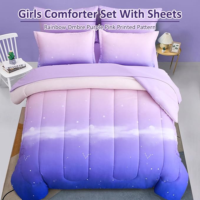 Dinjoy Girls Comforter Set Queen Size Colorful Rainbow Ombre Purple Lavender Pink Bedding Set Gradient 7 Pieces Bed in A Bag for Kids Teen Girl Women(1 Comforter, 1 Flat Sheet, 1 Fitted Sheet)