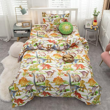 Feelyou Kids Dinosaur Comforter Set Queen Size Boys Girls Watercolor Cute Dino Bedding Set Ultra Soft Lightweight Jungle Animal Pattern Comforter for Children (1 Comforter + 2 Pillowcases, Queen)