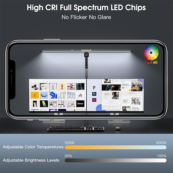 Desk Lamp for Office Home, Desk Light with Clamp, 24W Ultra Bright with Gesture Sensing, Adjustable Brightness & Color Temperature, Monitor Light, Task Light, Table Lamp for Work Study,Black