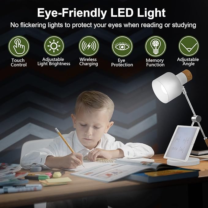 LED Desk Lamp, 180° Adjustable Desk Lamp for Home Office, Swing Arm Dimmable LED Table Lamp with Wireless Charger for Table Bedside Home Office Study, 6500K, 7W