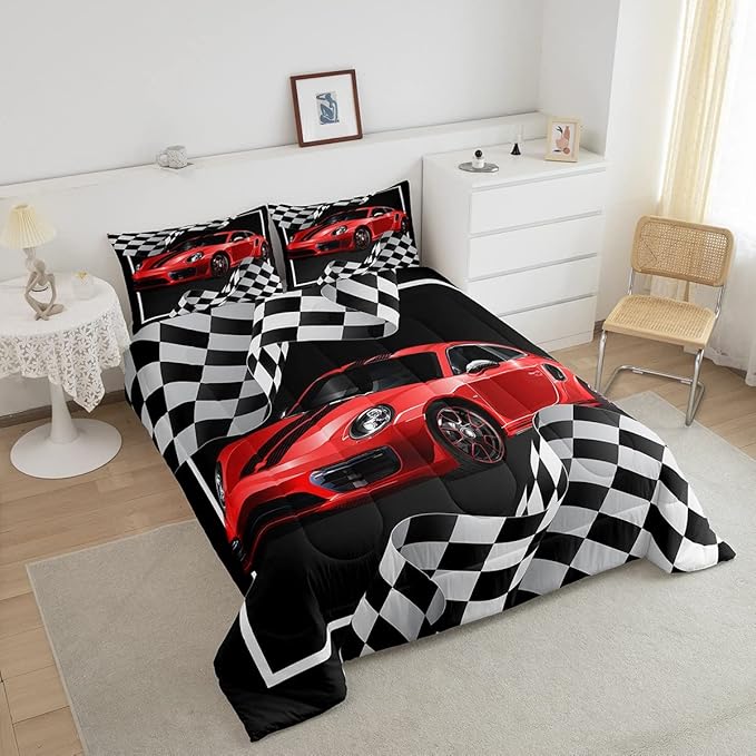 Red Race Car Comforter Set Queen Size, Black White Plaids Geometric Bedding Set 3pcs for Kids Teens Boys Men Room Decor,Extreme Sports Games Racing Flags Quilt Set,2 Pillowcases
