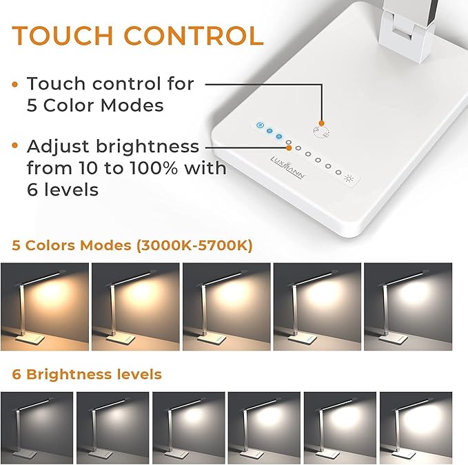 LED Desk Lamp with USB Port: Eye-Caring Office Desk Lamp with USB Charging Port 6-Level Brightness 5 Color Modes Touch Control Dimmable Portable Desk Light for College Dorm Room Home Office