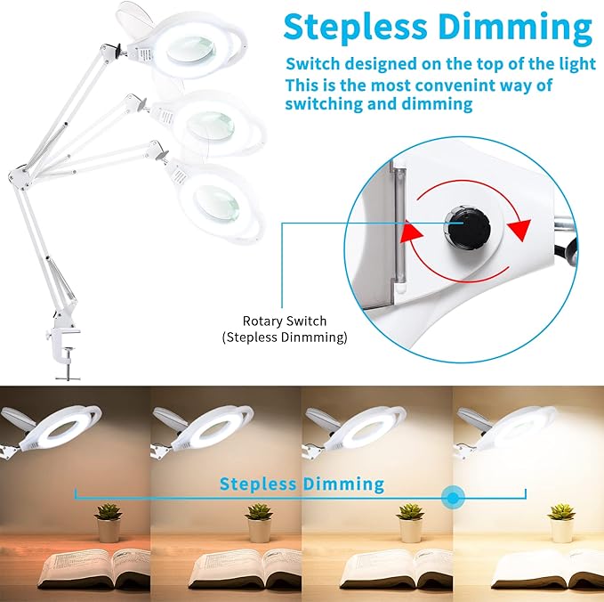 10X Magnifying Lamp with Clamp, 2200 LM Super Bright and Stepless Dimming Magnifying Glass with Light, Real Glass Lens Lighted Magnifier Lamp for Close Work, Crafts, Reading, Repair -White
