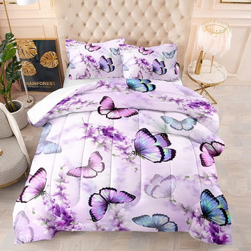 Purple Lavender Butterfly Comforter Set for Girl Kid Adult Colorful Butterfly Pattern Bedding Set Aesthetics Butterflies Quilt Bed Set Twin Size with 1 Comforter and 2 Pillowcases