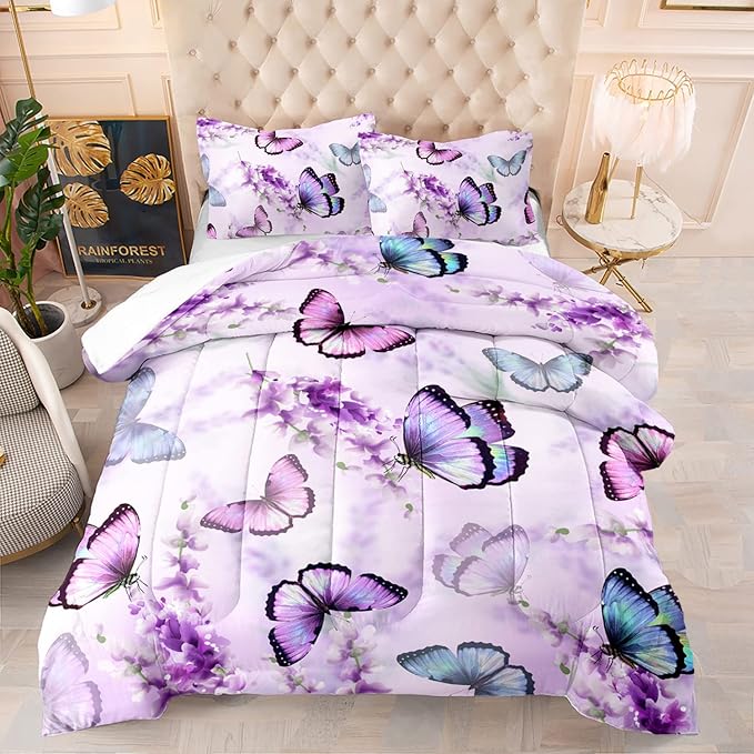Purple Lavender Butterfly Comforter Set for Girl Kid Adult Colorful Butterfly Pattern Bedding Set Aesthetics Butterflies Quilt Bed Set Queen Size with 1 Comforter and 2 Pillowcases