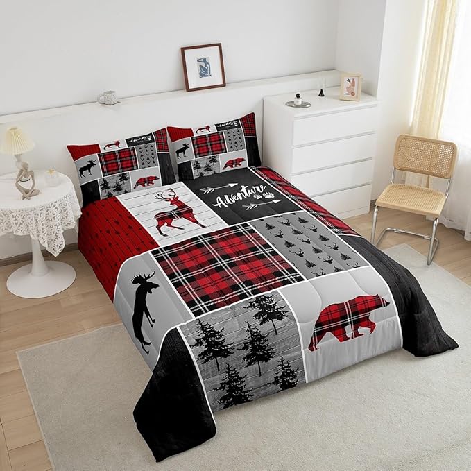 Deer Antlers Bear Kids Comforter Set Full Size,Plaids Boho Arrows Patchwork Bedding Set for Boys Girls Adults Room Decor,Rustic Adventure Xmas Down Comforter,Red Retro Duvet Insert,2 Pillowcases