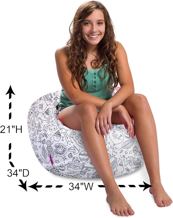 Posh Creations Structured Comfy Bean Bag Chair for Gaming, Reading, and Watching TV, 100in Round Classic Bean Bag, Canvas Coloring Fabric - Creatures