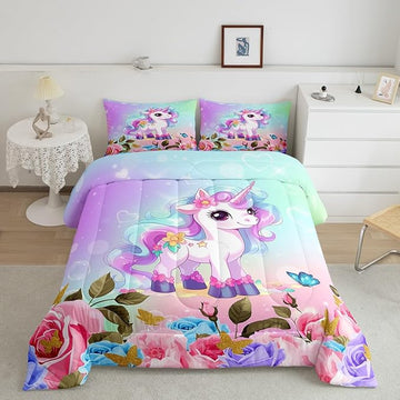 Cartoon Unicorn Kids Comforter Set Twin Size,Rose Flowers Butterfly Leaves Bedding Set,Girls Women Room Decor,Starry Sky Unicorn Cute Down Comforter,Pink Purple Romantic Duvet Insert,1 Pillowcase