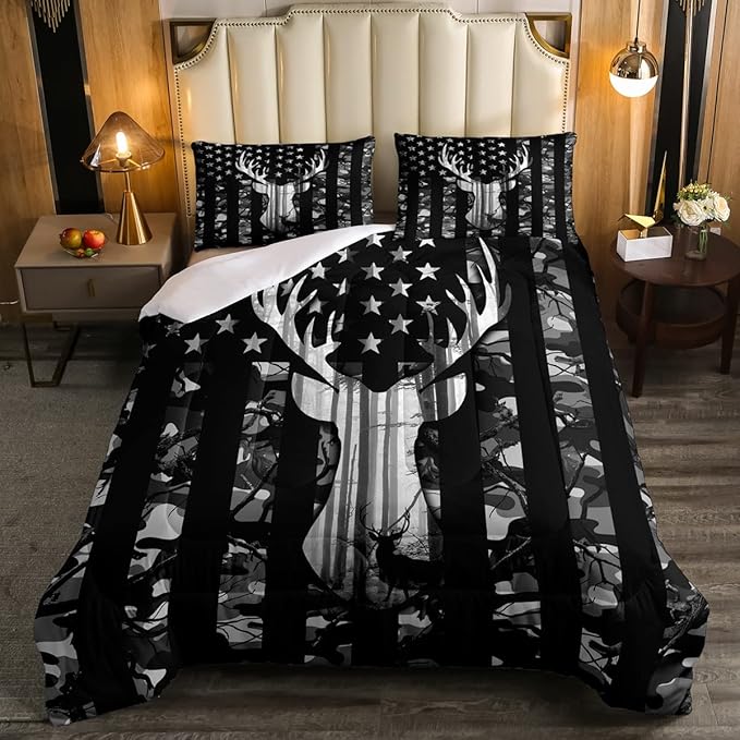 Black Grey Camo Comforter Set Queen,Camouflage American Flag Bedding Set, Deer Antlers Silhouette Quilt Set 3 Pcs for Kids Teens Adults Room Decor,Wild Animal Natural Duvet Insert with 2 Pillowcases