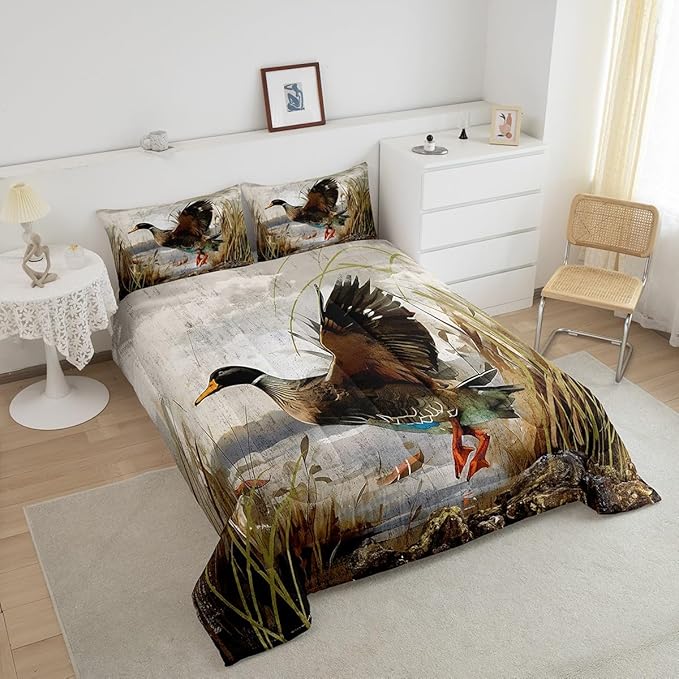 Mallard Duck Bedding Set Boys Girls Wild Duck Hunting Comforter Set for Kids Women Men Soft Lodge Cabin Farmhouse Comforter Quilt Room Decor Full Size Duvet Set Boys