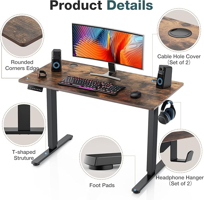 Sweetcrispy 55 x 24in Adjustable Height Electric Standing Computer Home Office Desk Ergonomic Workstation with 3 Memory Controller, 55"x24", Rustic Brown+Black