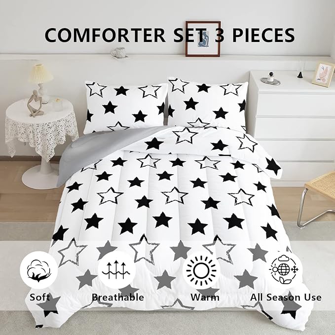 Axolotl Kids Full Bedding Comforter Set,3Pcs Super Cute Soft Black and White Stars Quilt Set Bed in A Bag with 1 Comforter 2 Pillowcases for Kids Boys Girls Teens Adults Room Decor All Season
