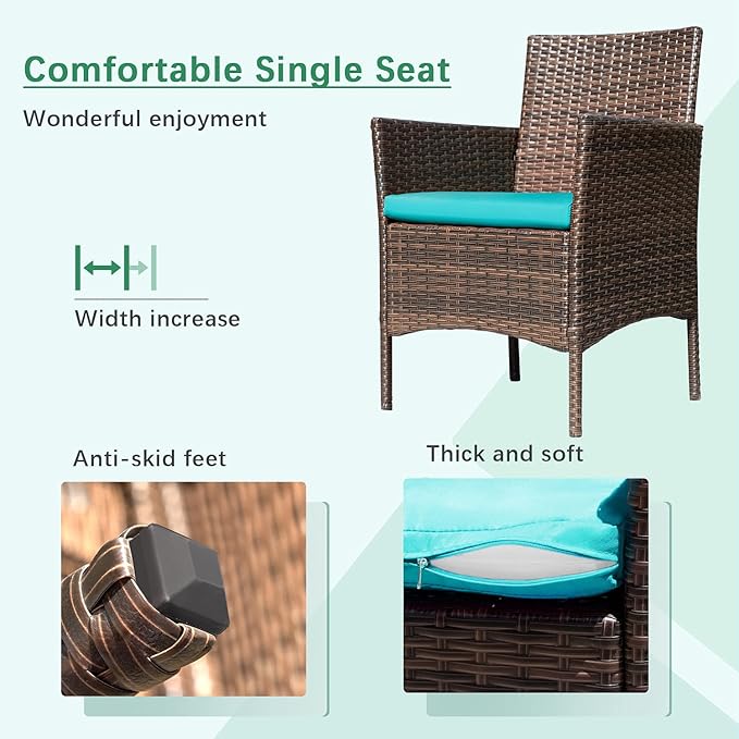 Greesum Patio Furniture 4 Pieces Conversation Sets Outdoor Wicker Rattan Chairs Garden Backyard Balcony Porch Poolside loveseat with Soft Cushion and Glass Table, Brown and Blue