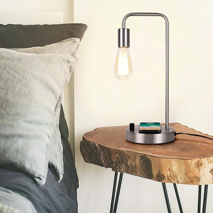 USB Desk Lamp – Table Lamp with Wireless Charging Pad and USB Port, Edison Bedside Nightstand Lamp with Metal Base for Guestroom Bedroom Living Room Office, Satin Nickel