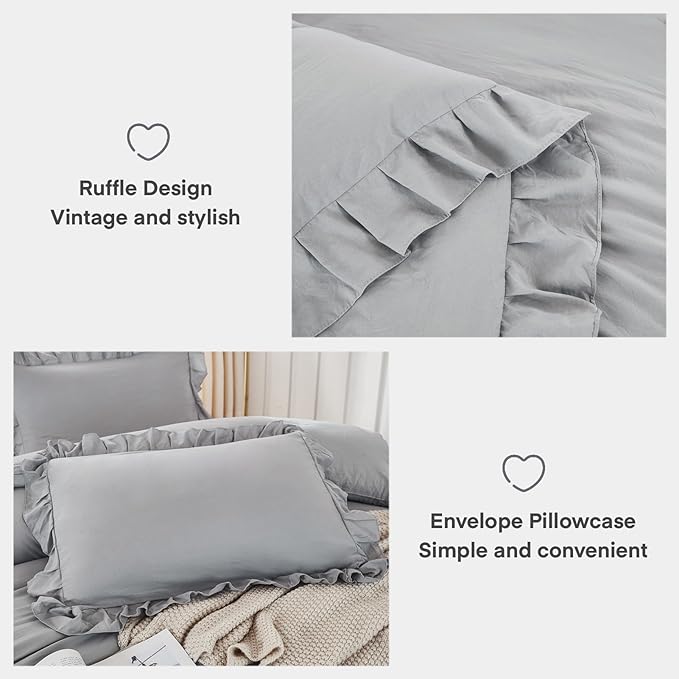 Andency Silver Gray Comforter Set Queen Size, 3 Pieces Shabby Chic Ruffle Bedding Comforter Sets for Queen Bed, Lightweight Fluffy Soft Microfiber Farmhouse Comforter Set