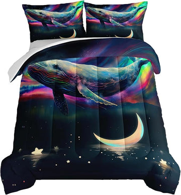 HOSIMA 3D Whale Galaxy Bedding Comforter Sets,Stars Moon Queen Comforter Set Starry Room Decor Aesthetics for Adults Kids,Ocean Theme Marine Life Whale Comforter with 2 Pillowcases.