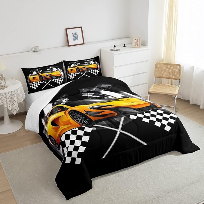 Yellow Race Car Comforter Set King Size, Black and White Grid Quilt Set Extreme Sport Games Bedding Comforters 3pcs for Kids Teens Boys Girls Room Decor,Modern Stylish Duvet Set with 2 Pillowcases