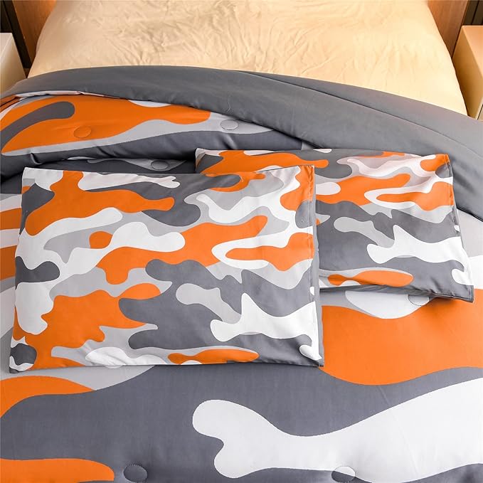 Meeting Story Kids Camo Bedding Set, Army Camouflage Bedding King Comforter Set for Boys Girls Teens Bedroom Decoration, 3Pcs (Orange, King)