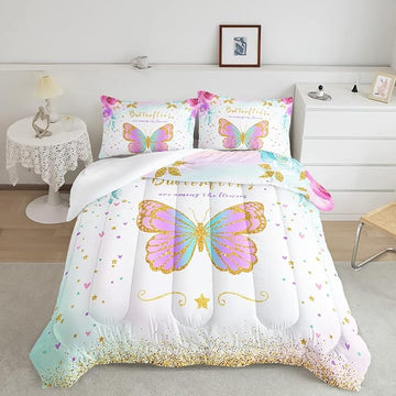 CVHOUSE Butterfly Bedding Set,Butterfly Comforter King,Butterfly Comforter Set for Girls Kids Teens,Butterflies Quilt Set with 1 Comforter and 2 Pillow Cases- 3 Piece