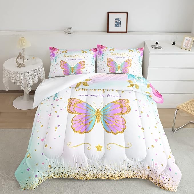 CVHOUSE Butterfly Bedding Set,Butterfly Comforter Queen,Butterfly Comforter Set for Girls Kids Teens,Butterflies Quilt Set with 1 Comforter and 2 Pillow Cases- 3 Piece