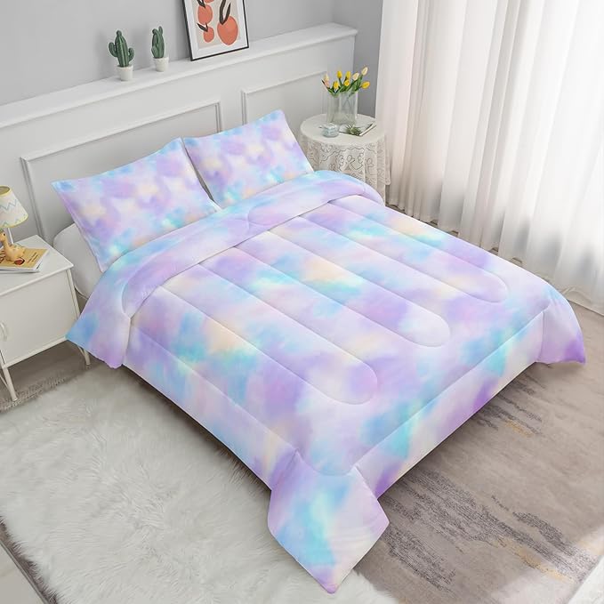 Axolotl Tie Dye Bedding Set Queen,Pink Blue Purple Comforter Set,Boho Psychedelic Bedding Colorful Tie Dye Pastel Comforter Set,Rainbow Bedding Set for Kids Girls Teens Women,1 Quilt 2 Pillowcases
