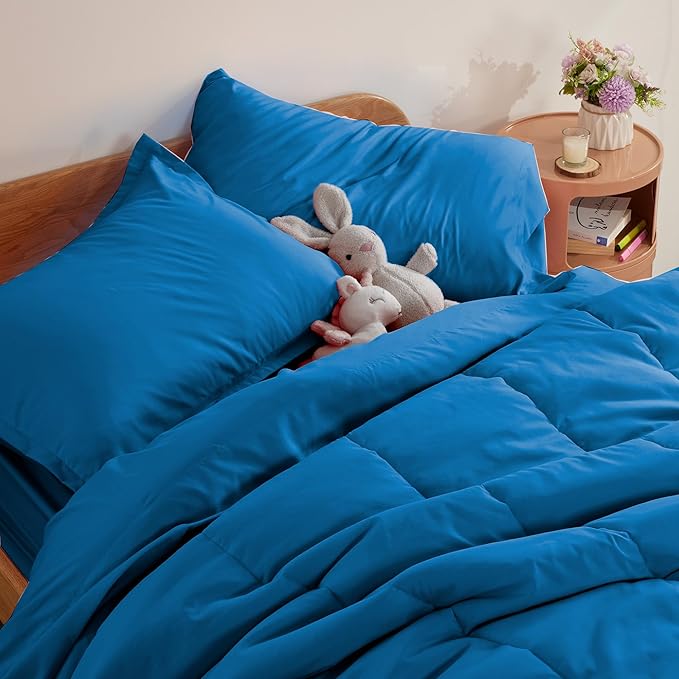 SLEEP ZONE Kids Bedding Comforter Set Full/Queen Size - Super Cute & Soft Kids Bedding 7 Pieces Set with Comforter, Sheet, Pillowcase & Sham (Blue)