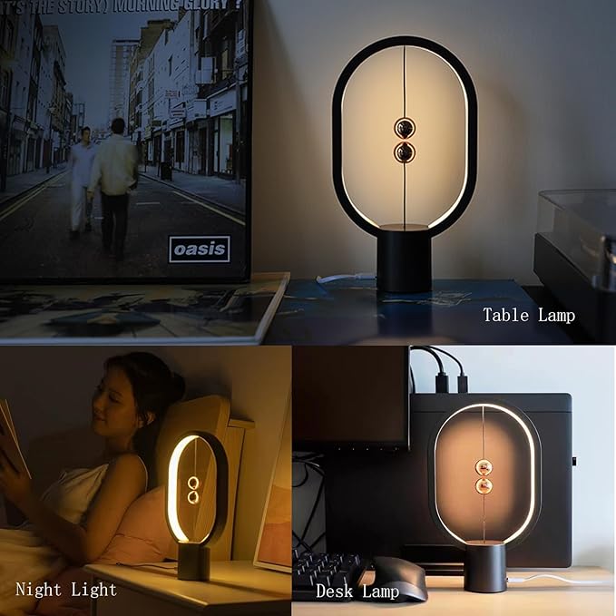 Small Table Lamp - Mini Balance Lamp,Birthday Gifts, Bedside Lamp, Nightstand Lamp,Plug in Night Light,Magnetic Lamp for Home,Office,College Dorm (Black Color)