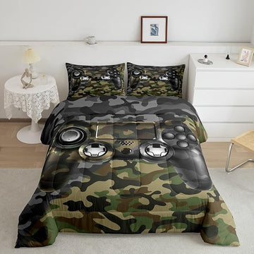 Kids Gamer Comforter Set Camouflage Gaming Bedding Set for Boys Teens Bedroom Green Black Camo Video Game Decor Comforter Gamer Console Quilt Set Full Size Duvet Quilted 3Pcs