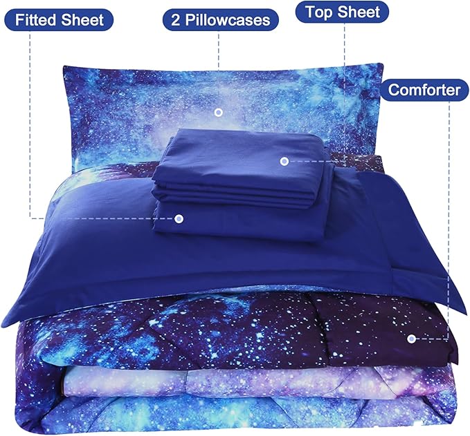 Wowelife Galaxy Bedding Sets for Girls and Boys 5-Piece Queen Size, Premium 3D Outer Space Galaxy Comforter Set Blue, Comfortable and Soft for Kids and Adults(Queen-5 Piece, Blue Galaxy)