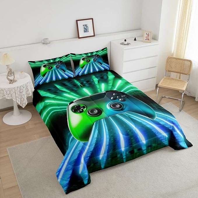 Erosebridal Green Blue Gamepad Comforter Set, Game Player Bedding Set King Size Modern Gamer Gaming Quilted Duvet Neon Trippy Duvet Set for Kids Boys Girls Teens Young Man Room Decorative