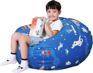 Lukeight Stuffed Animal Storage Bean Bag Chair Cover for Kids, Zipper Beanbag Chair Cover for Organizing Toddler & Kids' Rooms Plush Toys (Outer Space Velvet, Large)