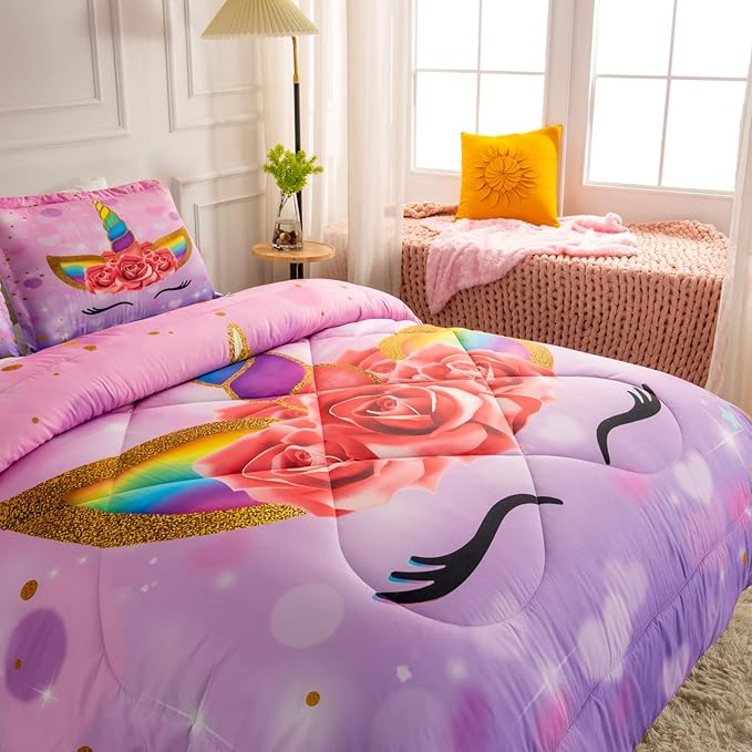 Unicorn Twin Bedding Sets for Girls Kids Comforter Set Twin Size with 2 Pillowcases Purple Unicorn Room Decor for Girls Bedroom Ultra Soft Machine Washable Toddler Bed Set