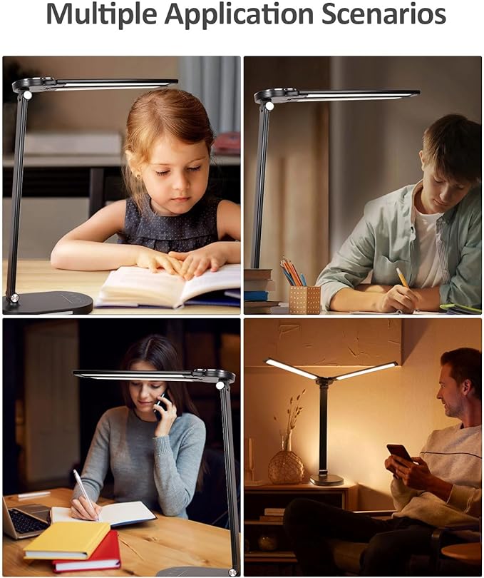 LED Desk Lamps for Home Office, 14W Double Swing Arm Desk Lamp with USB Charging Port, Eye-Caring Architect Task Lamp, Touch Control Desktop Lamp with Night Light Table Light for Work Study Craft