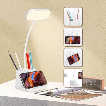 Study Lamp, Rechargeable LED Desk Lamp with Pen Holder, 8 Brightness Desk Lamp with USB Charging Port, Dimmable Reading Light Table Lamp for Kids