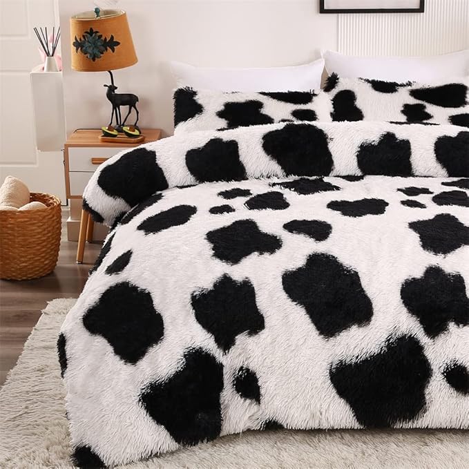 Faux Fur Kids Girls Cow Print Comforter Sets King - 3PC Bed Set Warm Comfortable Soft Plush Flannel Velvet Fluffy Fuzzy Bedding（Comforter x 1 Pillowcases x 2）