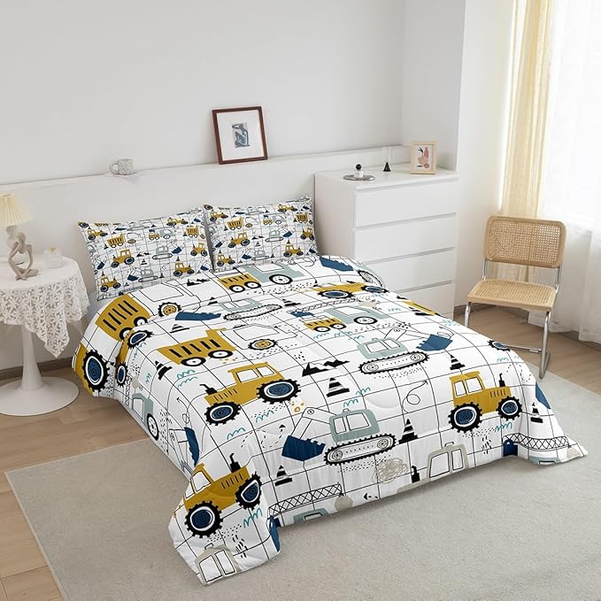 Feelyou Construction Comforter Set King Size Kids Excavator Tractor Toddler Comforter Cartoon Car Equipment Trucks Plaid Grid Comforter Set Construction Vehicles White Yellow Duvet Set