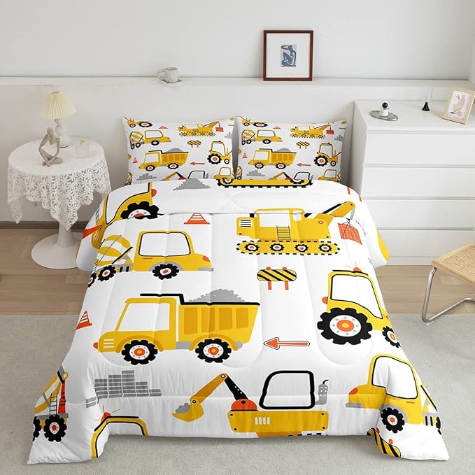 Cartoon Car Comforter Set Kids Construction Comforter for Boys Equipment Trucks Bedding Set Breathable Cartoon Yellow Car Excavator Tractor Duvet Set Room Decor Quilt Set Full Size