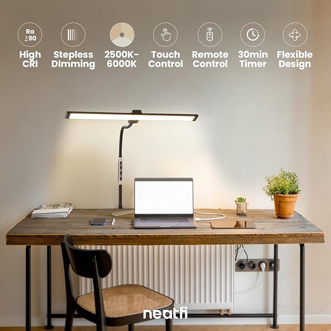 Neatfi Modern Desk Lamp with Clamp, Touch & Remote Controlled, 15W, Adjustable Color Temperature (3000K-6000K), Stepless Dimming, Flicker-Free, Wide-Angle Lighting for Home (Gooseneck, Black)