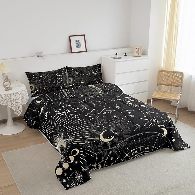 Feelyou Sun and Moon Comforter Set Boho Exotic Bedding Set Galaxy Astrology Comforter for Boys Girls Children Teens Bedroom Decor Chic Cute Luxury Zodiac Signs Duvet Set Twin Size Quilt Set