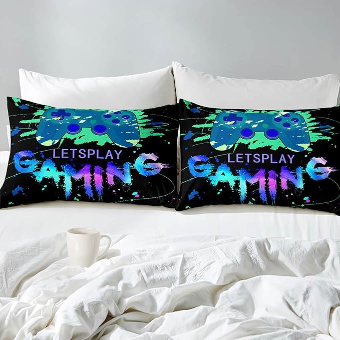 Game Comforter Set Video Gaming Bedding Sets Gamer Room Decor Queen Size Colorful Black Gamepad Soft Game Bedding Set for Boys Teen 1 Comforter and 2 Pillowcases