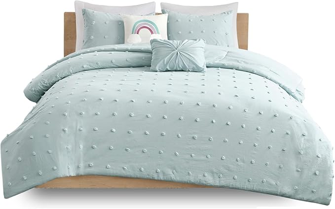Callie Cotton Jacquard Weave Colorful Pom Pom Kids Comforter sets, Down Alternative Shabby Chic All Season Girls Bedding, Bedroom Decor, Full/Queen,Aqua 5 Piece
