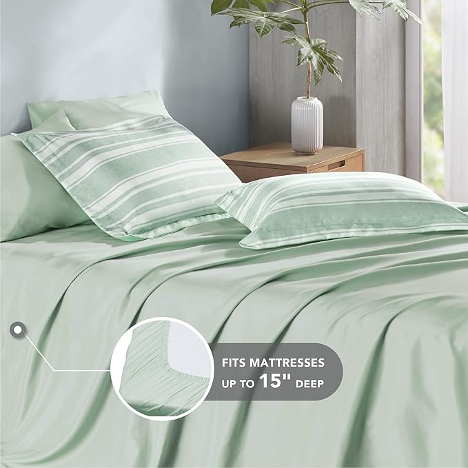 Codi Queen Comforter Set 7 Piece, Sage Green White Striped Bed in a Bag Reversible, Cationic Dyeing Shabby Chic Bedding Sets with Comforter, Sheets, Pillowcases & Shams