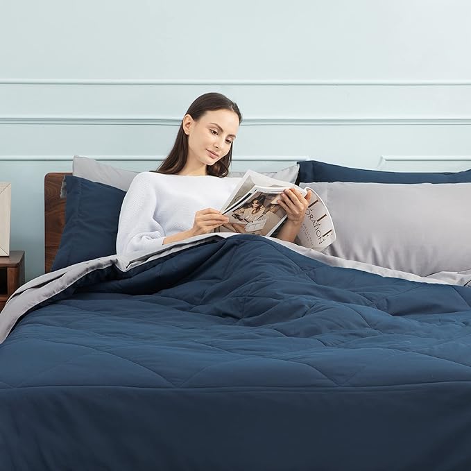 Bedsure Navy Full Size Bed in a Bag - 7 Pieces Reversible Comforter Set Full Bed Set with Comforters, Sheets, Pillowcases & Shams, Full Bedding Sets