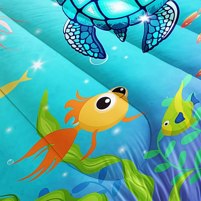 Turtle Comforter Set Full Ocean Watercolor Sea Turtle Bedding Set Nautical Sea Animal Reptile Bed Set with 2 Pillowcases for Kids Room Decor