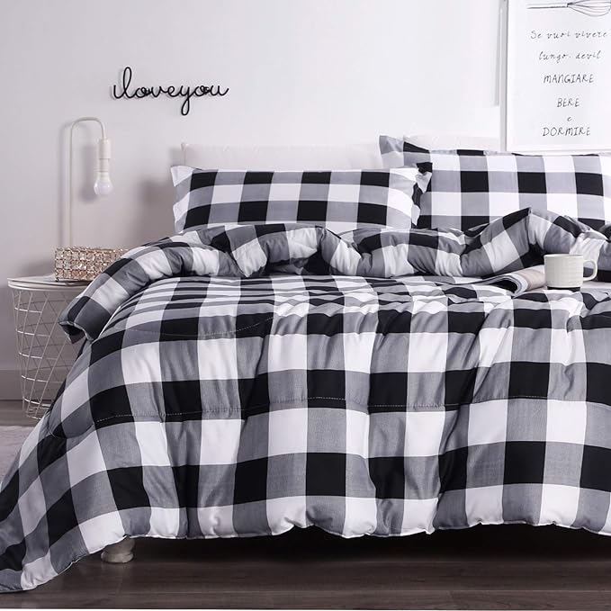Andency Black Plaid Comforter Set King Size (90x104 Inch), 3 Pieces (1 Gingham Comforter and 2 Pillowcases), Summer Lightweight Microfiber Buffalo Check Down Alternative Comforter Set