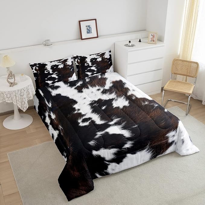 Brown Cowhide Comforter Set King,Black White Aztec Cow Print Bedding Set Western Farmhouse Animal Fur Down Comforter for Kids Boys Girls,Rustic Cowboy Quilt Duvet Set 2 Pillow Cases Bedroom Decor