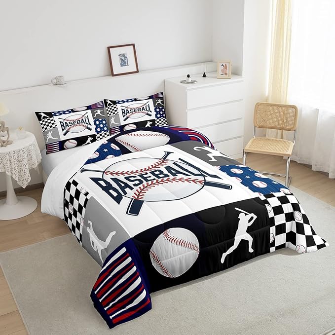 Erosebridal Baseball Quilt Set Teen Boys Baseball Bedding Comforter Set Queen Size Bed,Kids Sports Bed Comforter Sets Black White Geometric Checkered Grids Duvet Set for All Season 2 Pillowcases
