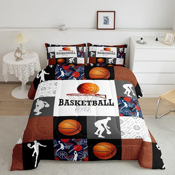 Basketball Twin Comforter Set For Boys Sports Bedding Set Basketball Athlete Bed Comforter Sets Patchwork Style Orange Black White Grey Soft Lightweight Quilt Duvet Insert 1 Pillow Case Room Decor